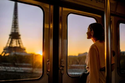 Woman looking out of a window at the Eiffel Tower silhouetted against a Paris sunset